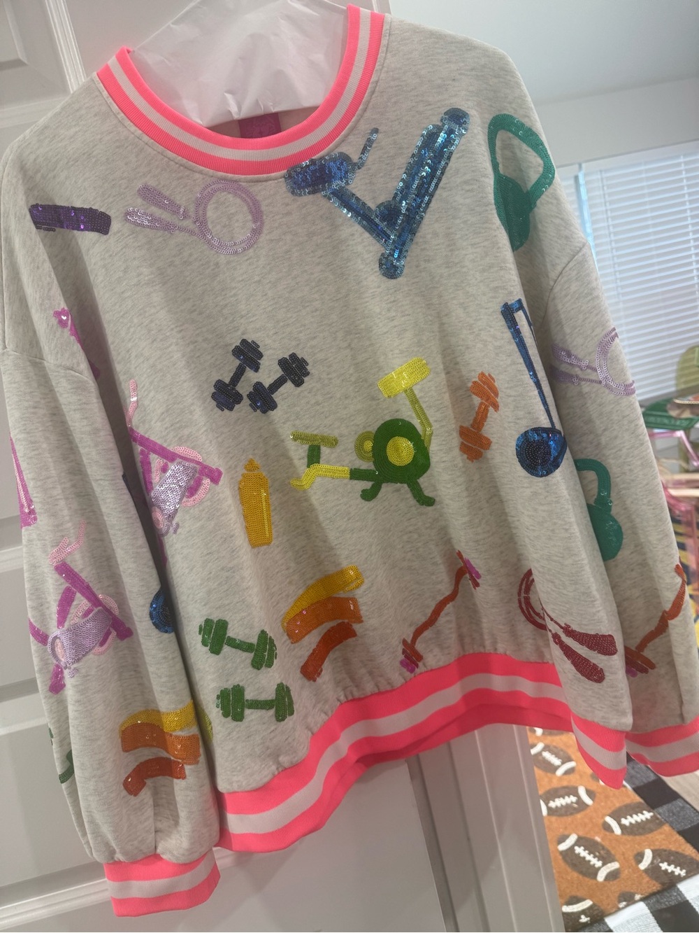 QUEEN OF SPARKLES Grey Sweatshirt with Neon Pink Trim & Multicolor Sequin Icons
